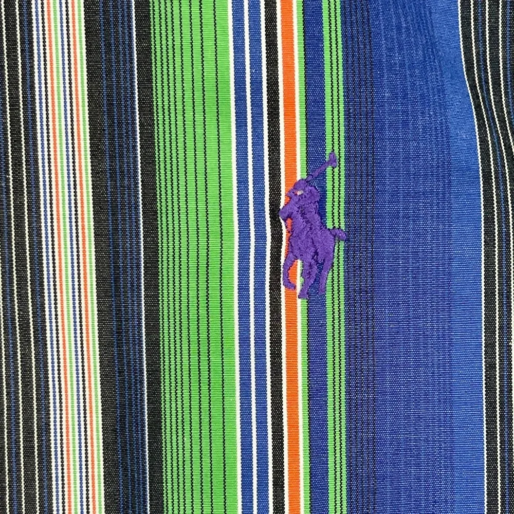 VTG Ralph Lauren Golf Polo Cotton Long Sleeve Button Down‎ Mens L Striped Blue